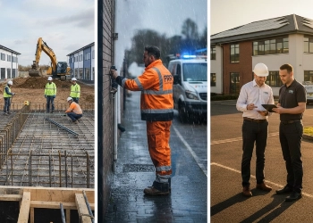 FRR Midlands multi-service display: industrial groundworks with steel rebar, emergency reactive roof maintenance in wet weather, and technical project planning for commercial property services in the East Midlands.