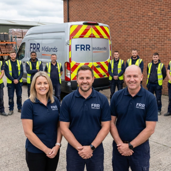 The FRR Midlands team standing in front of a branded service van, showcasing their professional roofing and property maintenance crew in high-visibility safety gear.