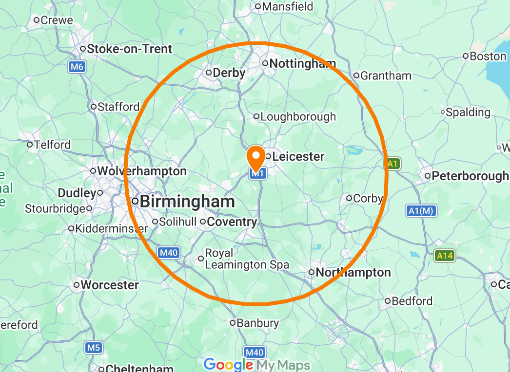 Service area map for FRR Midlands Ltd showing a 1-hour rapid response radius covering Leicestershire, Nottinghamshire, Derbyshire, and Northamptonshire.