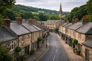 Traditional stone-built residential street in Derbyshire featuring slate roofing and heritage chimneys maintained by FRR Midlands Ltd