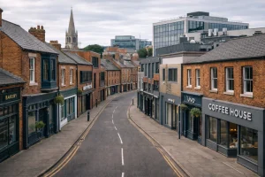 A street view of Leicester city centre featuring traditional brickwork heritage buildings and modern commercial infrastructure served by FRR Midlands Ltd.