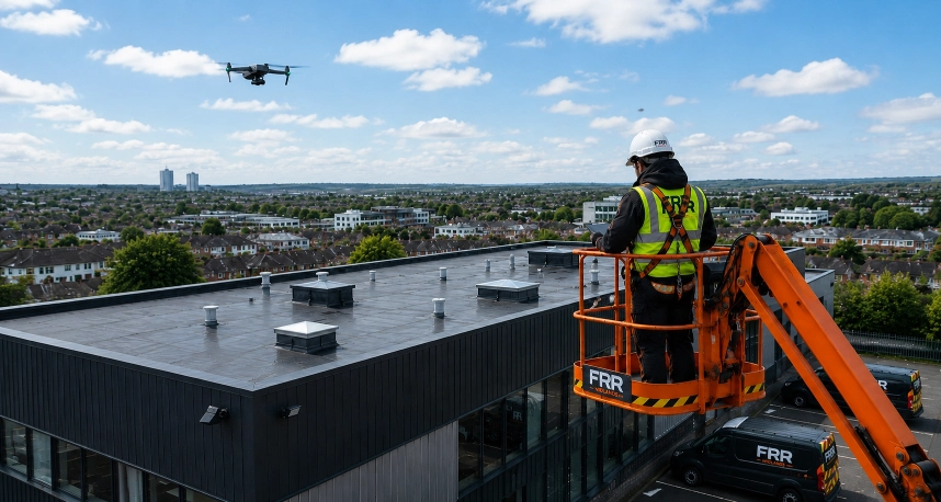 FRR Midlands roof inspector using a cherry picker and drone to survey a modern flat commercial roof day time across the Midlands.