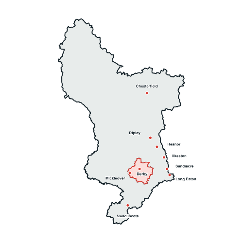 derbyshire Map of Derbyshire showing FRR Midlands’ service areas in Derby, Mickleover, Long Eaton, Sandiacre, Ilkeston, Heanor, Ripley, Chesterfield and Swadlincote.