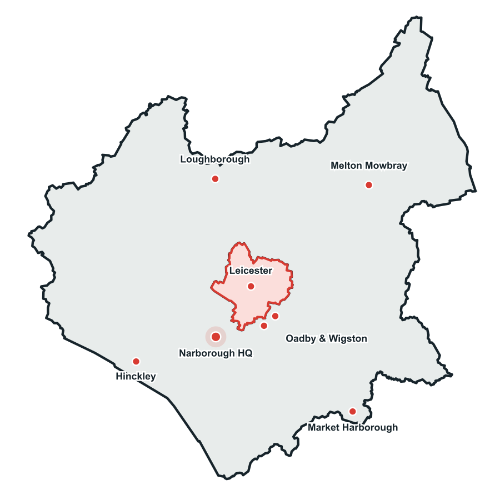 Map of Leicestershire showing FRR Midlands’ service areas in Loughborough, Melton Mowbray, Leicester, Oadby, Wigston, Hinckley and Market Harborough, with its headquarters in Narborough. Map of Leicestershire showing FRR Midlands’ service areas in Loughborough, Melton Mowbray, Leicester, Oadby, Wigston, Hinckley and Market Harborough, with its headquarters in Narborough.