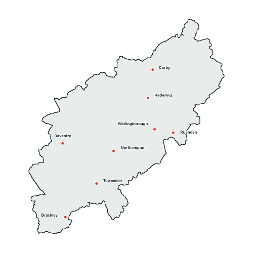 northamptonshire Map of Northamptonshire showing FRR Midlands’ service areas in Northampton, Towcester, Corby, Kettering, Wellingborough, Rushden, Daventry and Brackley.