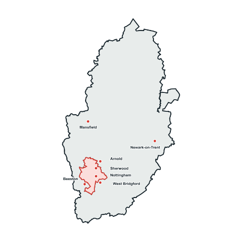 nottinghamshire Map of Nottinghamshire showing FRR Midlands’ service areas in Mansfield, Newark-on-Trent, Arnold, Sherwood, Nottingham, Beeston and West Bridgford.